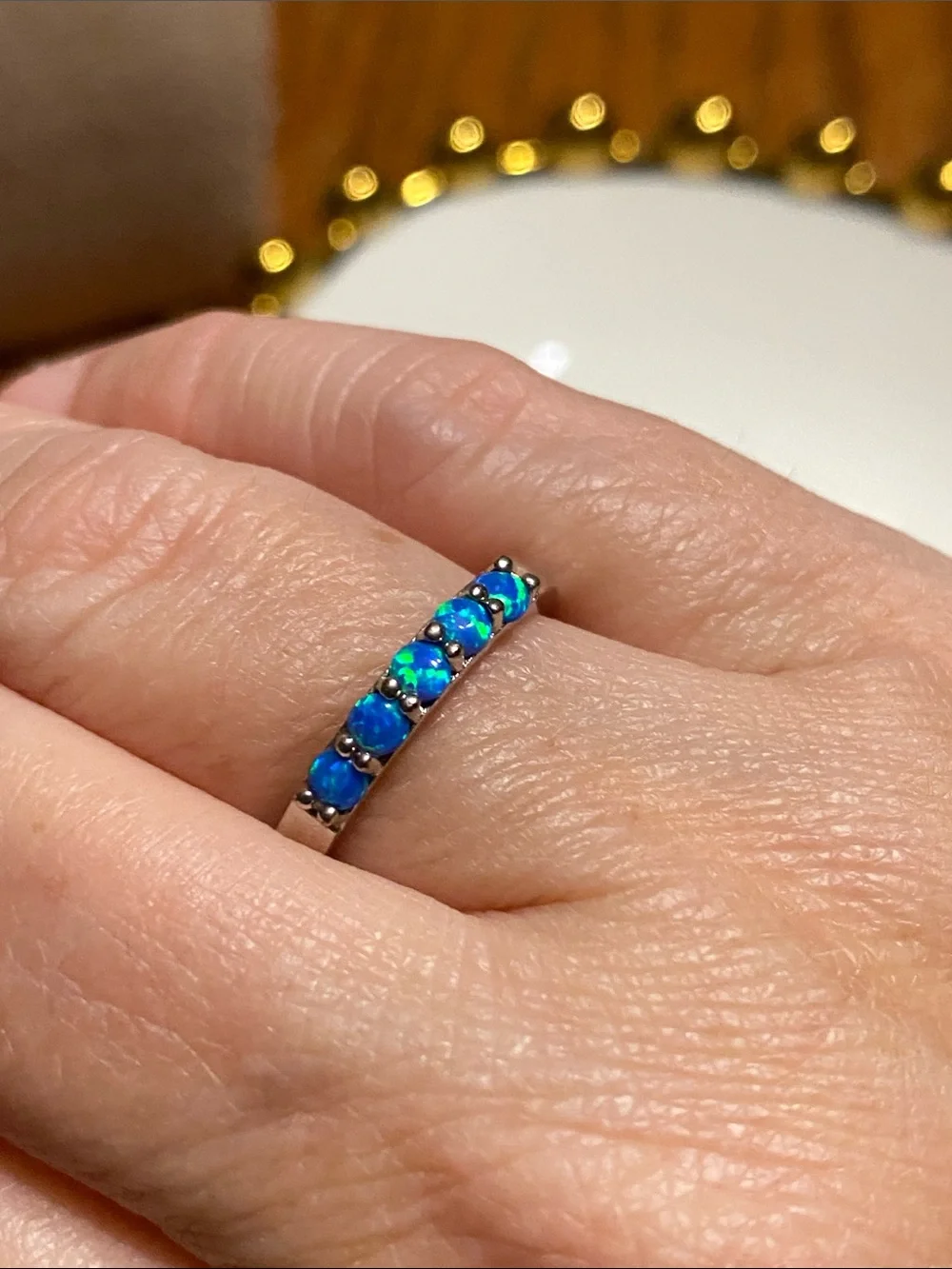 Blue Opal Row Stainless Steel Band Ring
